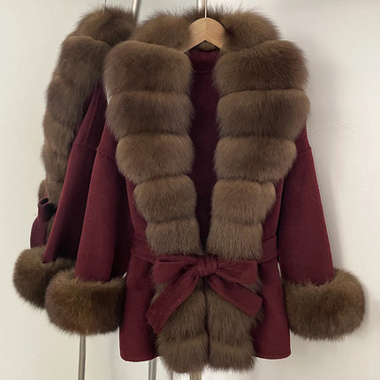 Real Fur Wool Jacket Fashion Reality Fur Jacket Women Natural Fox Fur Cuffs Winter Clothing Female Elegant with Belt Woolen Coat