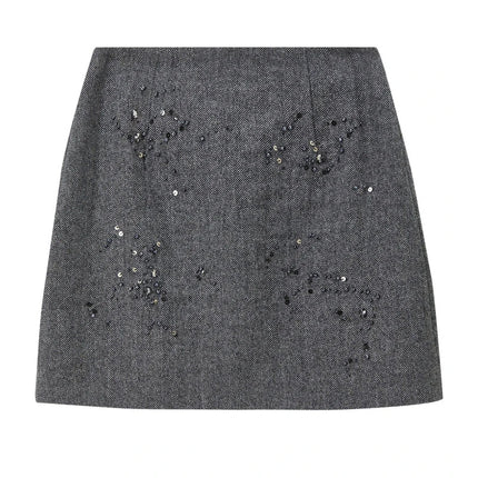 SENTUBILA Women's Sequin Skirt 2025 Elegant Wool Blend Bead Embroidery A Line Short Skirt Winter Thick Commute Clothes 161QA6559 PlatiNum