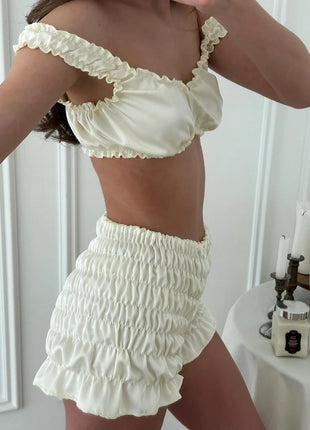 Pigiama da donna HiLoc in raso sexy, completo due pezzi con top corto e pantaloncini a vita elasticizzata con arricciatura, tinta unita, per casa.