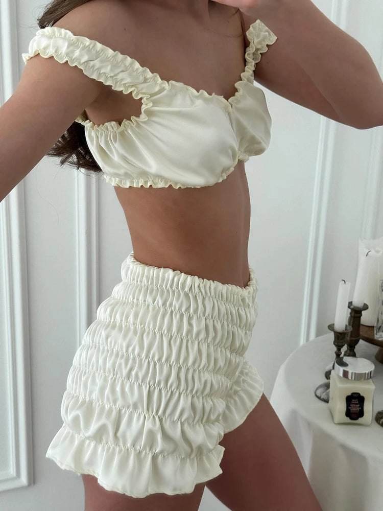 Pigiama da donna HiLoc in raso sexy, completo due pezzi con top corto e pantaloncini a vita elasticizzata con arricciatura, tinta unita, per casa.