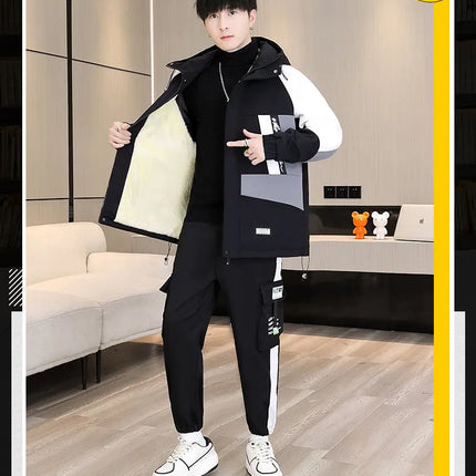 Men's Casual Wool Lined Thickened Hooded Set Fashionable Warm Sweatshirt Jacket Trendy Autumn Winter Men 2 Piece
