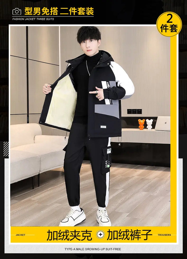 Men's Casual Wool Lined Thickened Hooded Set Fashionable Warm Sweatshirt Jacket Trendy Autumn Winter Men 2 Piece