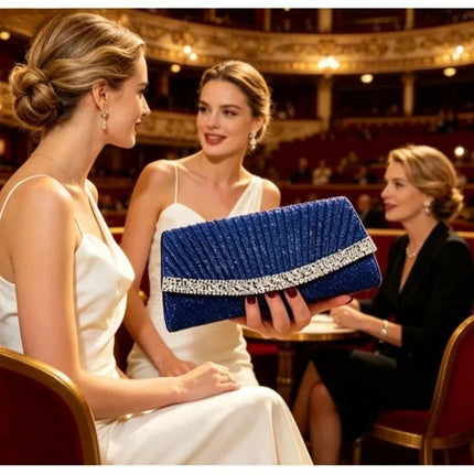 Borsa Clutch Plissettata con Strass, Pochette da Sera Scintillante con Cristalli, Elegante Borsetta da Donna per Cerimonie, Matrimoni e Feste Formali