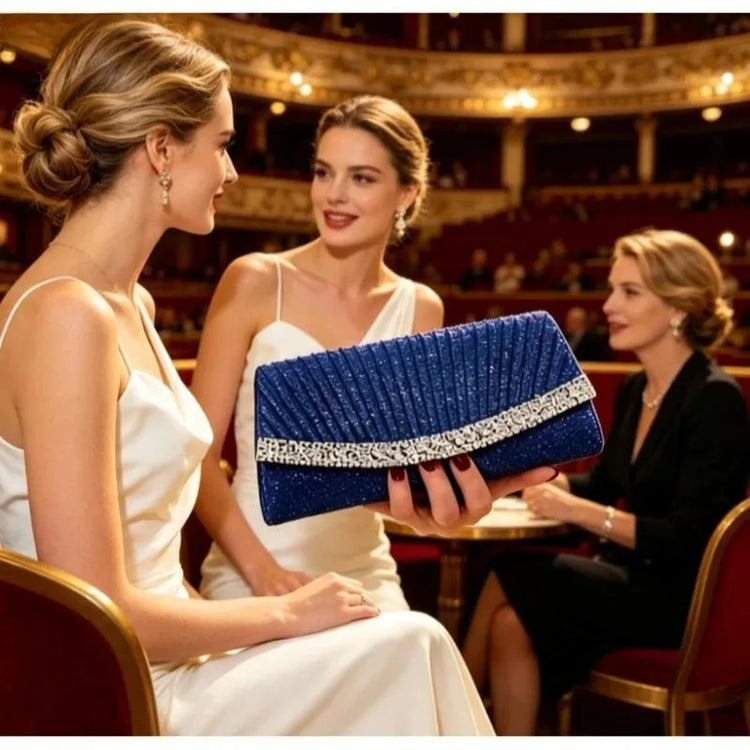 Borsa Clutch Plissettata con Strass, Pochette da Sera Scintillante con Cristalli, Elegante Borsetta da Donna per Cerimonie, Matrimoni e Feste Formali