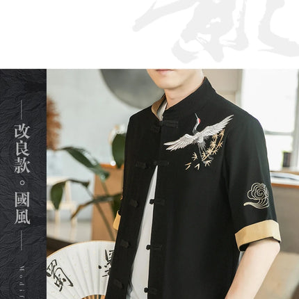 Camicie da uomo con gru ricamate Kungfu Tai Chi Casual manica corta nuovo stile cinese colletto alla coreana Cardigan in lino Tang Suit uomo Top