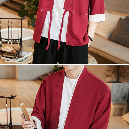Nuova Camicia Uomo Kimono Giapponese in Cotone e Lino, T-shirt Comoda e Traspirante, Costume da Samurai Tradizionale, Camicia Casual Haori per Uomo