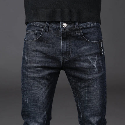 Winter Men Thermal Jeans Snow Warm Stretch Straight Jeans Man Fleece Denim Long Pants Narrow Leg Slim Fit Blue Black Trousers