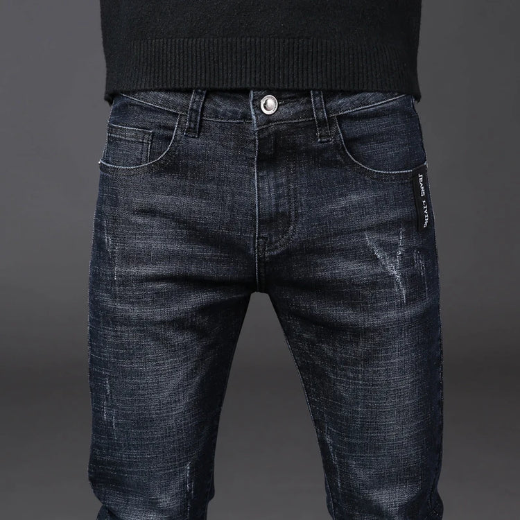 Winter Men Thermal Jeans Snow Warm Stretch Straight Jeans Man Fleece Denim Long Pants Narrow Leg Slim Fit Blue Black Trousers