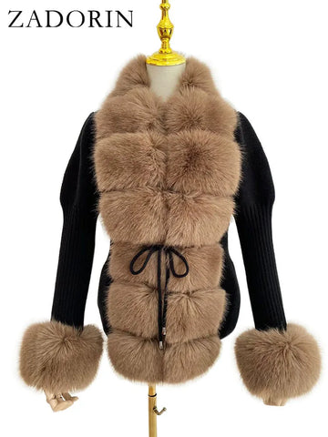 ZADORIN 2026 Chic Fur Cardigan Knitted Sweater Luxury Detachable Faux Fur White Pink Black Sweaters Cardigans Woman Tops Clothes