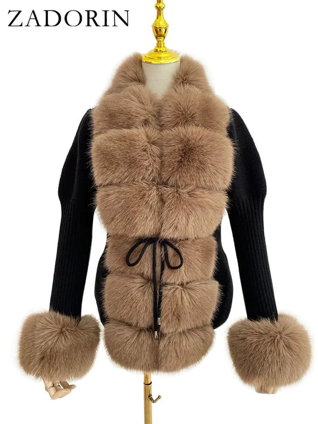 ZADORIN 2026 Chic Fur Cardigan Knitted Sweater Luxury Detachable Faux Fur White Pink Black Sweaters Cardigans Woman Tops Clothes