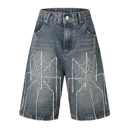 Spider web denim shorts coppia American high street dritto gamba larga hip-hop bello retrò allentato casual nuovi pantaloni a cinque quarti
