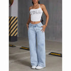 Jeans a gamba dritta a vita alta lavati blu da donna americana Jeans larghi con tasche frontali e posteriori adatti per l'abbigliamento casual quotidiano