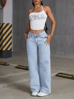Jeans a gamba dritta a vita alta lavati blu da donna americana Jeans larghi con tasche frontali e posteriori adatti per l'abbigliamento casual quotidiano