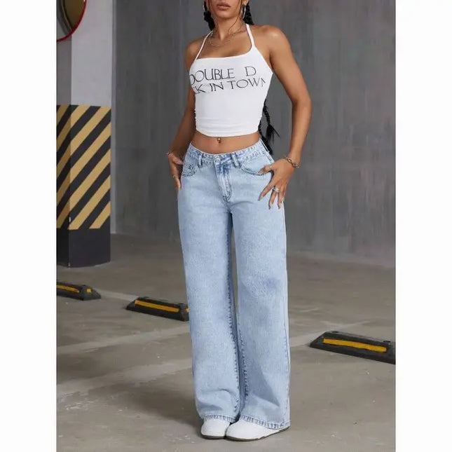 Jeans a gamba dritta a vita alta lavati blu da donna americana Jeans larghi con tasche frontali e posteriori adatti per l'abbigliamento casual quotidiano