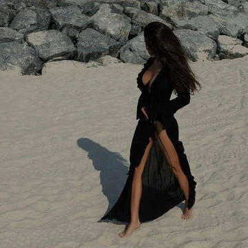 Sexy scollo a V increspato manica lunga Nero Bianco Nuova tunica in chiffon Beach Cover Up Cover-up Abito Protezione solare Beachwear Abbigliamento donna platinumshop