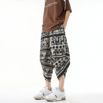 Pantaloncini estivi con stampa da spiaggia, pantaloni casual leggeri e traspiranti, pantaloni larghi alla moda da uomo, pantaloni comodi a lunghezza polpaccio per uomo