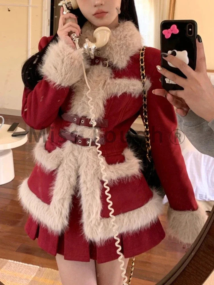 Winter Japanese Vintage Red Design Sweet New 2 Pieces Set Aesthetic Warm Coat + Mini Pleated Skirt Lady Party Fashion Suit 2024