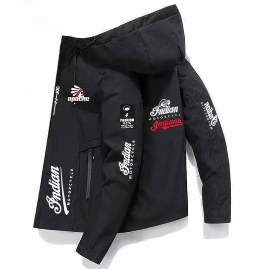 INDIAN Brand LOGO Men's Jacket with Hood, Windbreaker, Parka, Outdoor Coat, Sports Coat, Morning Run, Cycling, Running, Outdoor black