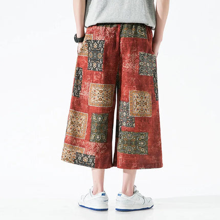 Pantaloncini da uomo estivi Stampa Pantaloni da spiaggia traspiranti a gamba larga Pantaloni larghi casual alla moda Vita elastica Comodi pantaloni al polpaccio da uomo