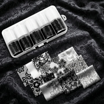 10 Rolls 2.5*50cm New Black White Lace Transfer Foil Nail Art Sexy Full Wraps Flower Glue Adhesive DIY Manicure Styling Tools
