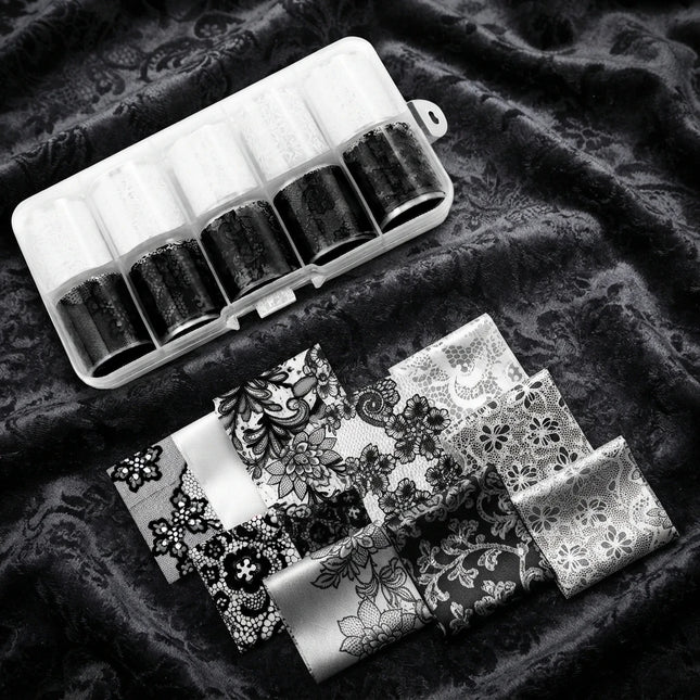 10 Rolls 2.5*50cm New Black White Lace Transfer Foil Nail Art Sexy Full Wraps Flower Glue Adhesive DIY Manicure Styling Tools