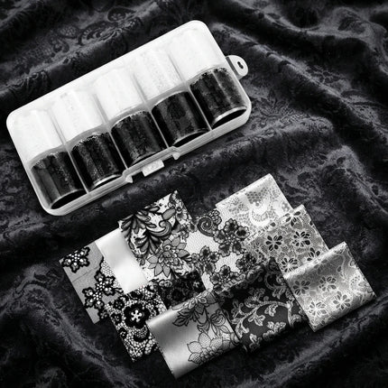 10 Rolls 2.5*50cm New Black White Lace Transfer Foil Nail Art Sexy Full Wraps Flower Glue Adhesive DIY Manicure Styling Tools