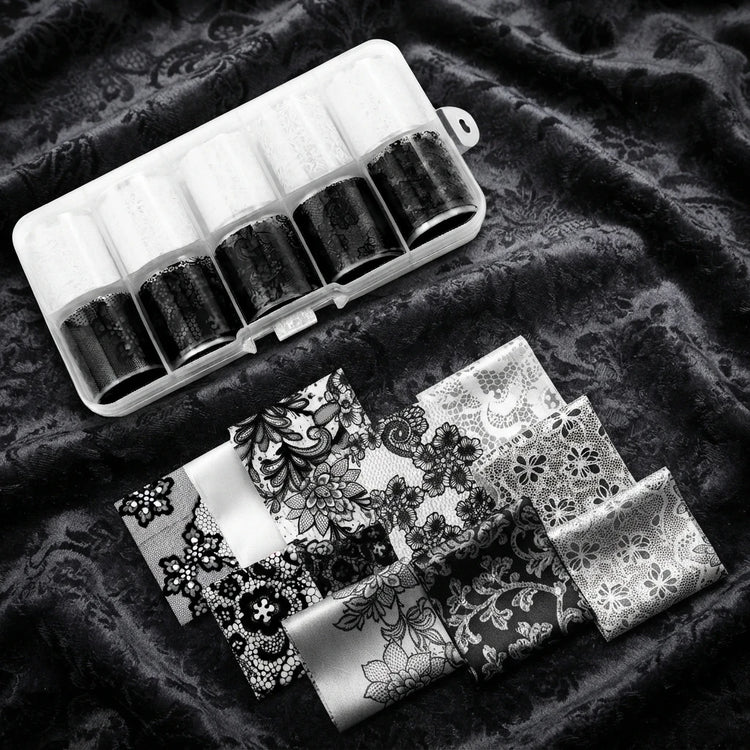10 Rolls 2.5*50cm New Black White Lace Transfer Foil Nail Art Sexy Full Wraps Flower Glue Adhesive DIY Manicure Styling Tools