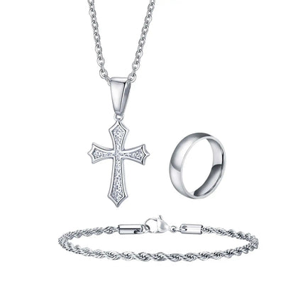 Set di Gioielli Hip Hop da Uomo 3 Pezzi, Ciondolo a Croce in Acciaio Inossidabile, Bracciale con Catena a Corda Intrecciata, Set di Gioielli Regalo per Papà, Figlio, Marito platinumshop