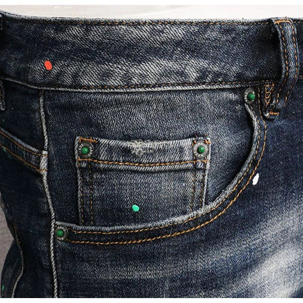 Fashion Streetwear Men Jeans Retro Black Blue Elastic Slim Fit Ripped Jeans Men Spliced Designer Embroidery Hip Hop Denim Pants PlatiNum