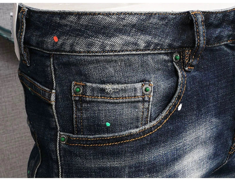 Fashion Streetwear Men Jeans Retro Black Blue Elastic Slim Fit Ripped Jeans Men Spliced Designer Embroidery Hip Hop Denim Pants PlatiNum