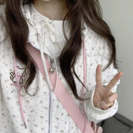 Y2k Hoodies Green Kawaii Cat Floral Print Hooded Zip-up Woman Sweatshirts Pink Thin Jacket Spring Fall Clothes Cute Streetwear