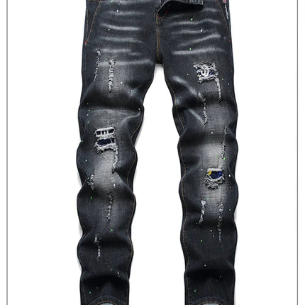 Fashion New Slim Stretch Ripped Jeans Men's Streetwear Paint Spots Denim Pants Hip Hop Punk Personality Hole Male Trousers PlatiNum