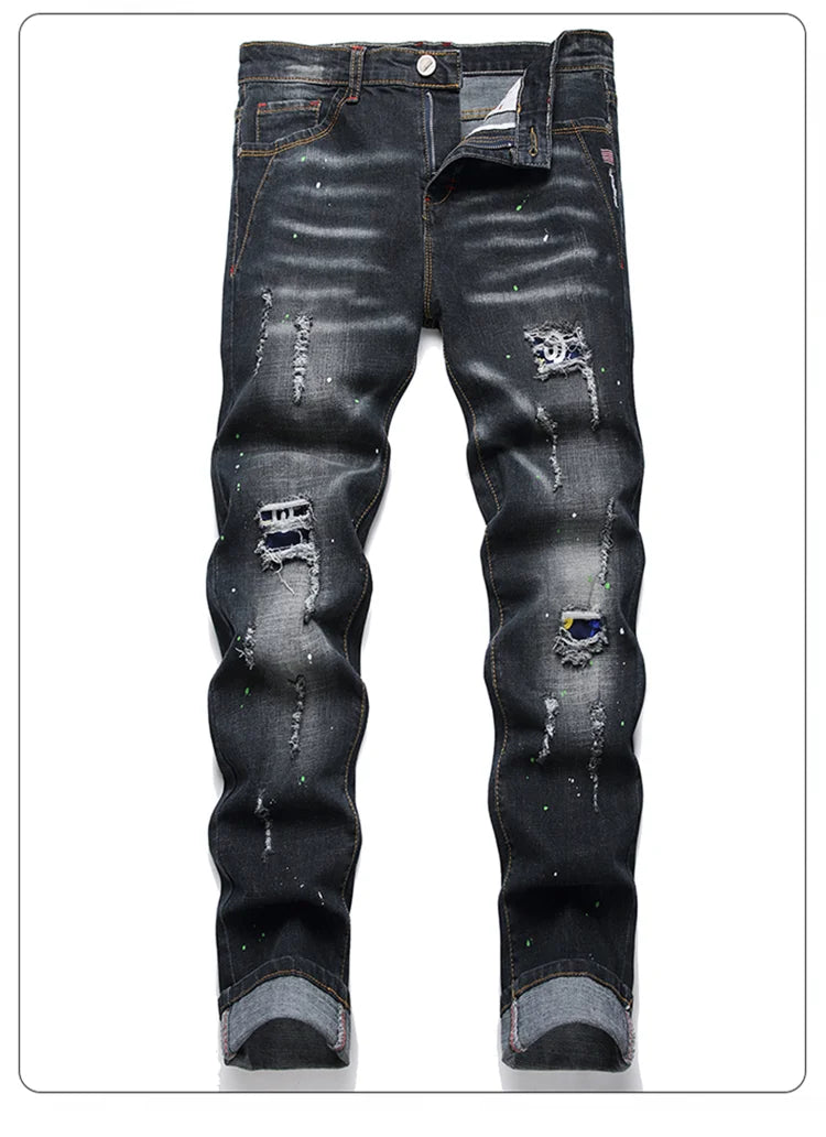 Fashion New Slim Stretch Ripped Jeans Men's Streetwear Paint Spots Denim Pants Hip Hop Punk Personality Hole Male Trousers PlatiNum