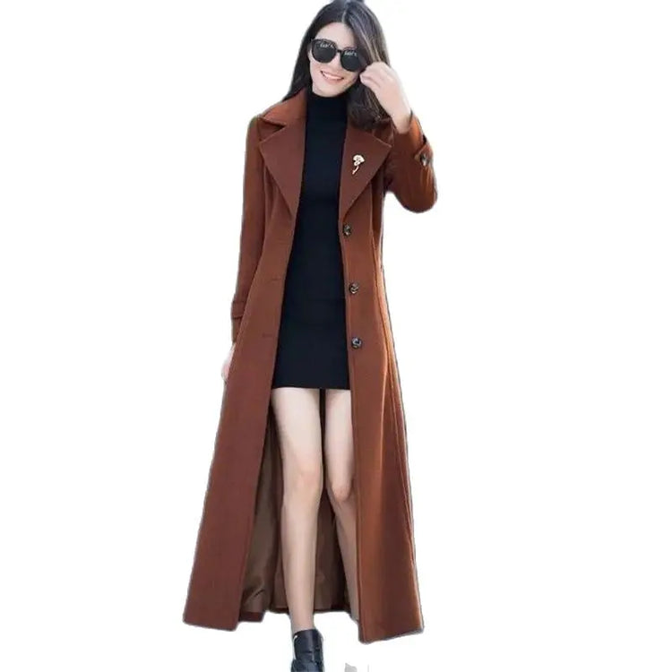 New Women's Spring Autumn Winter Woolen Coat Slim  Long Over The Knee Lining Woolen Windbreaker Outerwear Match Belt Female
