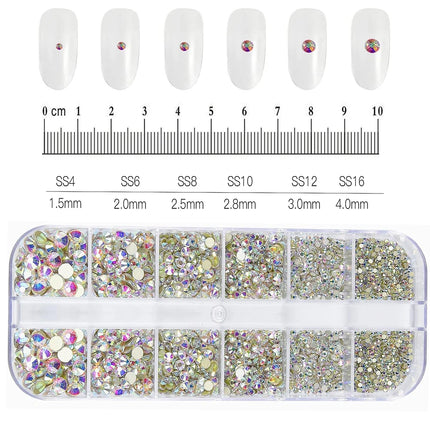 1.5mm-5mm Champagne Glass Crystal Nail Art Gems 12grids Flatback SS4-SS16 Mixed Nail Art Rhinestone Non-Hotfix Diamond Nail Deco