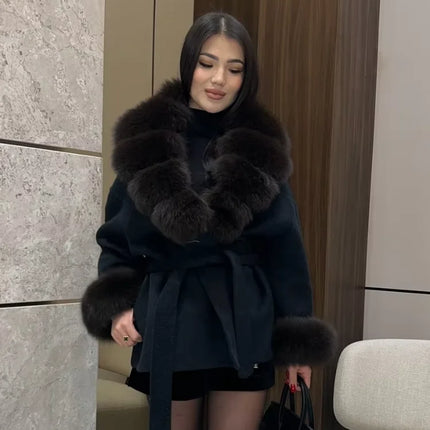 Solid Color Faux Fur Collar Cuff Wool Coat Women Belted Waist Short Jacket 2026 Winter Lady Street Daily Party Casual Outwear