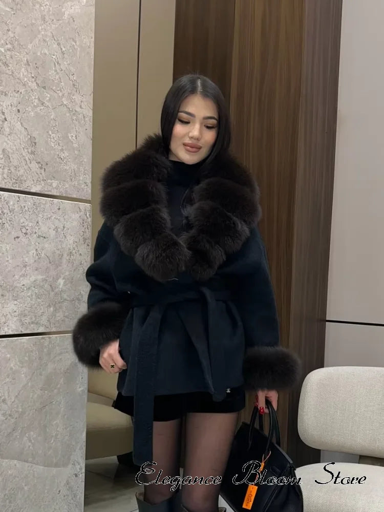 Solid Color Faux Fur Collar Cuff Wool Coat Women Belted Waist Short Jacket 2026 Winter Lady Street Daily Party Casual Outwear