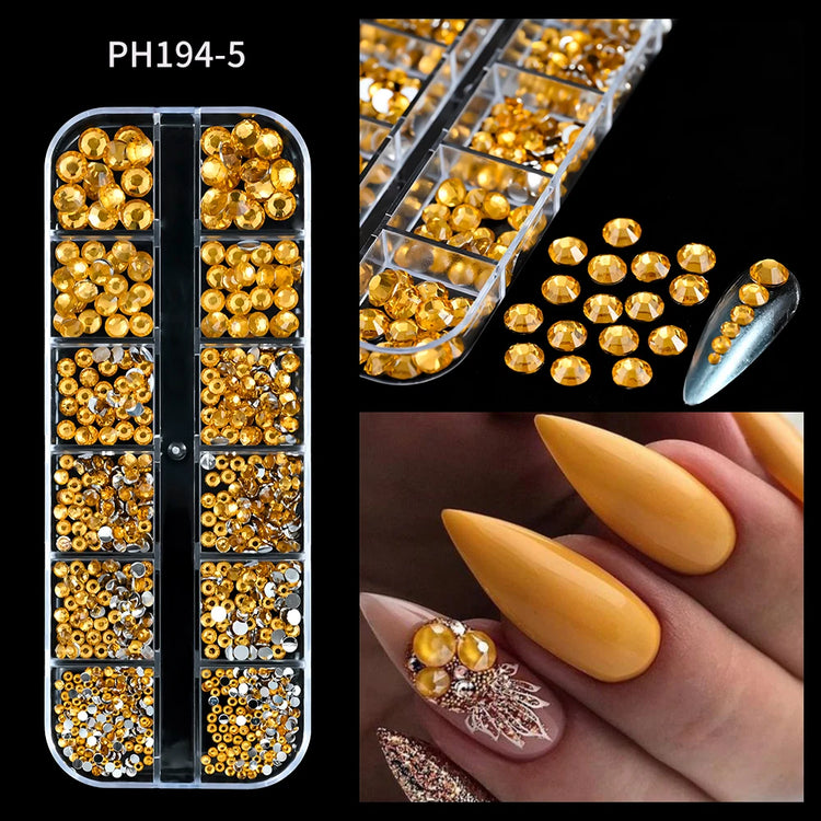 12 Grids Mixed Size Nail Rhinestones SS6 to SS30 Shiny Clear Gold Pink Blue Flat Back Glass Gems for DIY Nail Art Manicure Decoration Supply