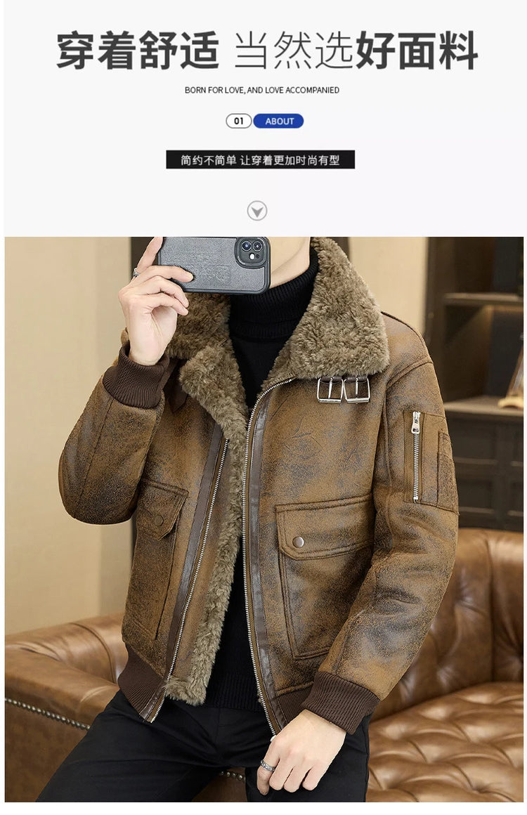 2025 Winter Fur Integrated Leather Jacket Men Thick Velvet Imitation Fur Leather Coat Loose Motorcycle Coat Casual Streetwear