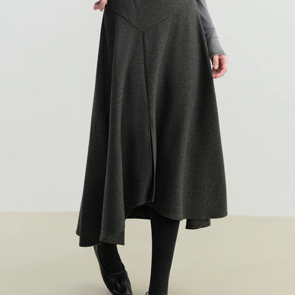 ZIQIAO 2025 Winter Women's High Waist A-Line Midi Skirt Asymmetrical Seam Design - Unique Cutout Detail for Casual Office Wear PlatiNum