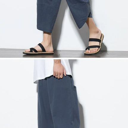 Pantaloni Estivi da Uomo 2026 Stile Cinese in Cotone e Lino, Pantaloni Harem Traspiranti da Spiaggia, Pantaloni Casual a Tre Quarti, Streetwear