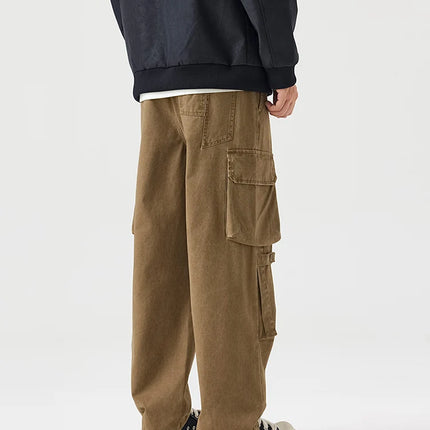 Autumn New Cargo Loose Multi-pockets 100% Cotton Straight Pants for Men Clothing Comfort Zipper Male Trouser GF258113