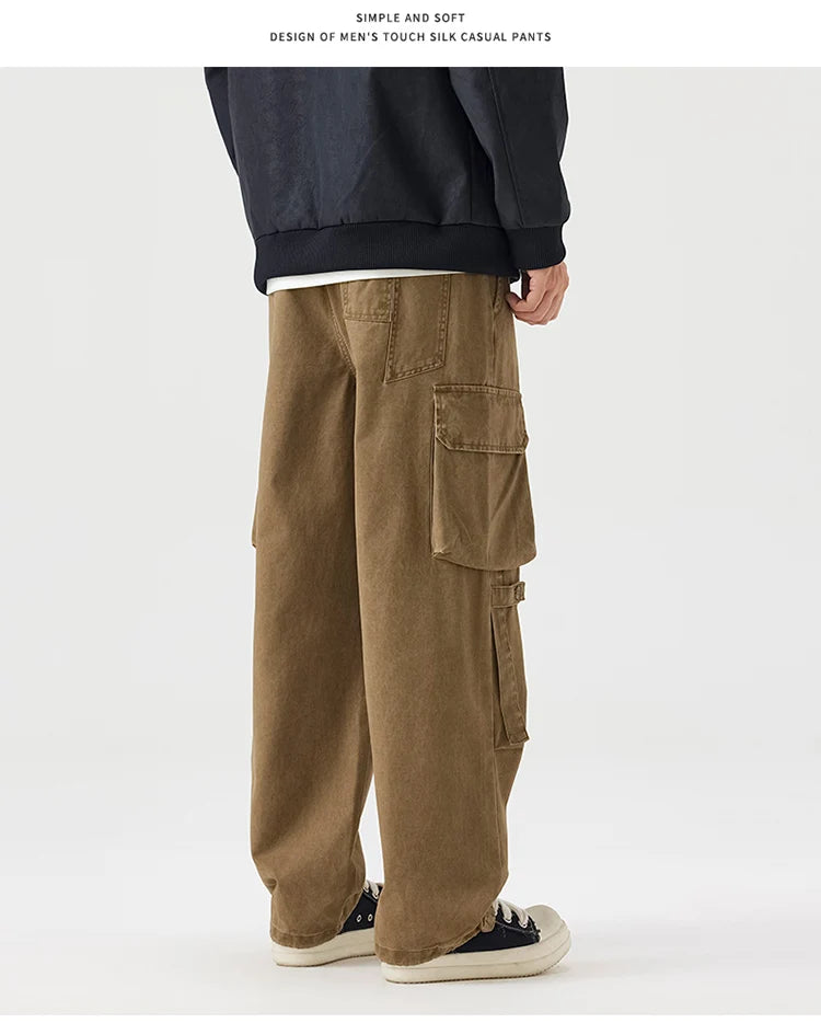 Autumn New Cargo Loose Multi-pockets 100% Cotton Straight Pants for Men Clothing Comfort Zipper Male Trouser GF258113