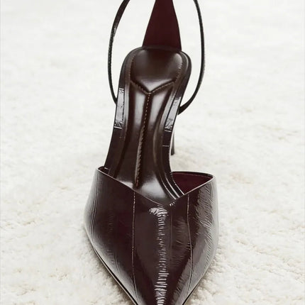 Designer Burgundy Red Ankle Strap Pumps Women Sexy Pointed-Toe Patent Leather High Heels for Ladies Elegant Party Dress Shoes PlatiNum