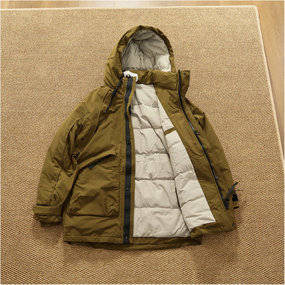 Piumino cargo imbottito in piuma d'anatra di media lunghezza retrò americano nuovo inverno con cappuccio Trench oversize spesso alla moda da uomo