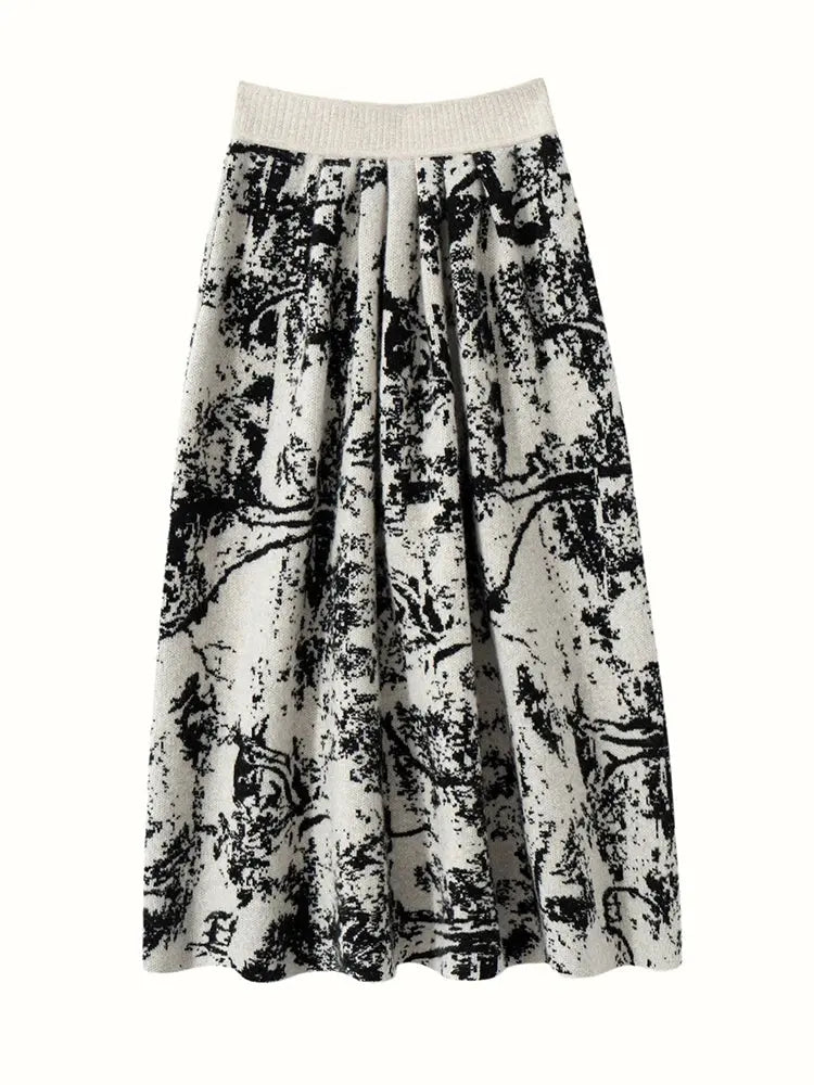 New 100% Pure Cashmere Half Skirt Women's Autumn Winter Mid-calf Knitted Full Skirt A-line High Waist Dress Retro Chinese Style PlatiNum