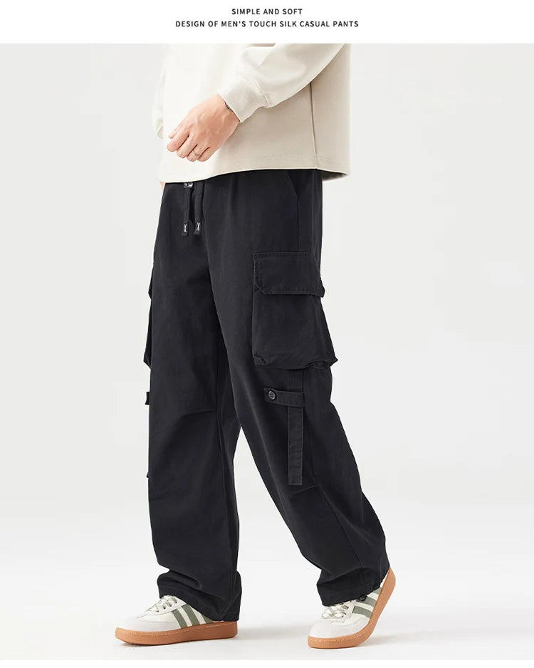 Autumn New Cargo Loose Multi-pockets 100% Cotton Straight Pants for Men Clothing Comfort Zipper Male Trouser GF258113