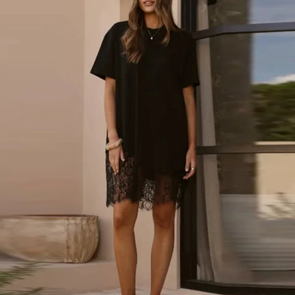 T-Shirt Dress with Lace and Asymmetrical Hem, Short Sleeves, Crew Neck, Casual and Comfortable Mini Dress, Summer Fashion 2026 Streetwear