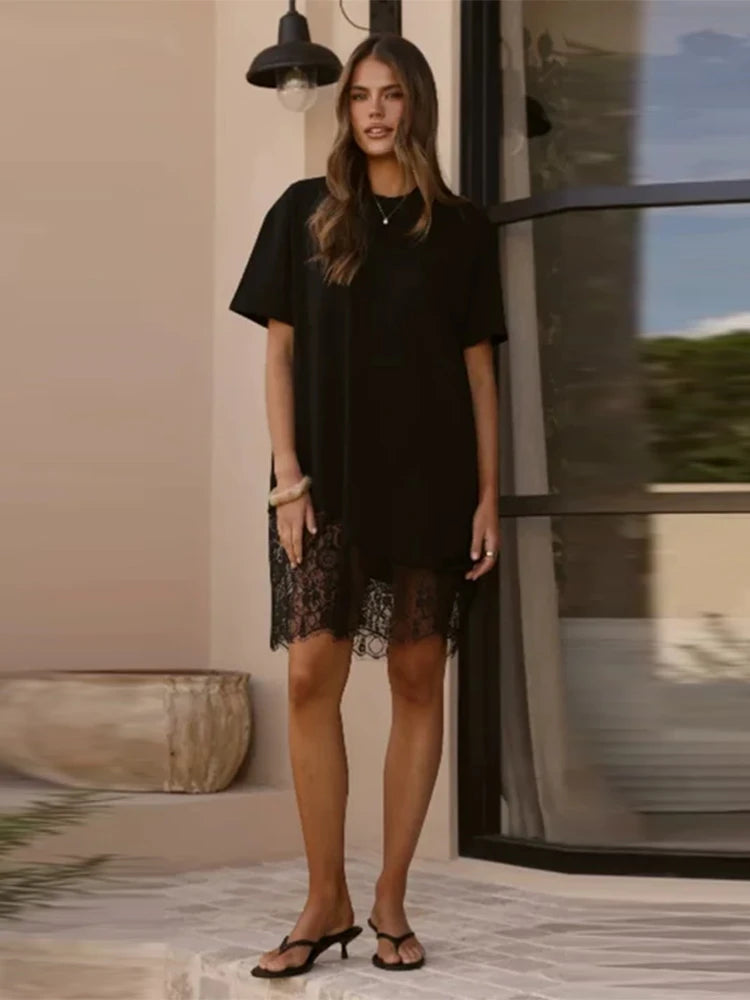 Abito T-Shirt con Pizzo e Orlo Asimmetrico, Maniche Corte, Girocollo, Vestito Mini Casual e Comodo,