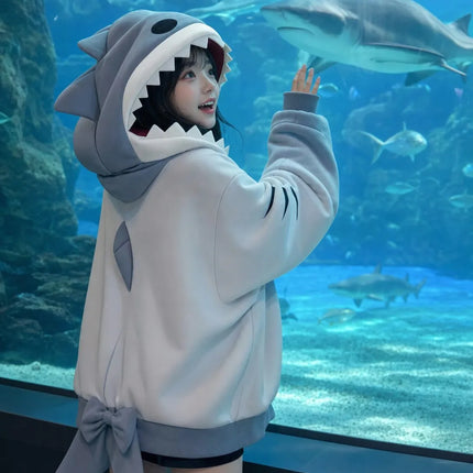 Womens Oversized Shark Hoodie White Blue Heavy Tail Bow Detail Fixed Streetwear Casual Fashion Zip Up Pullover Jacket Coat Y2K